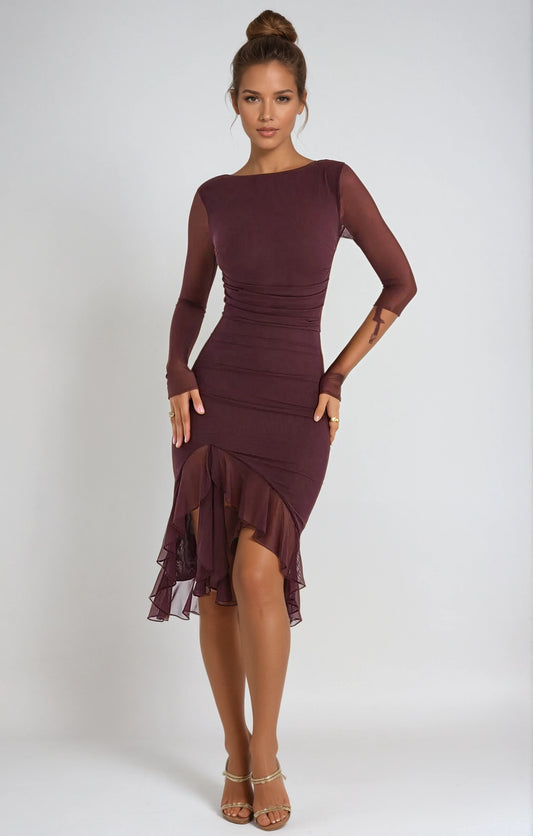 Jessica Burgundy Ruffle Midi Dress