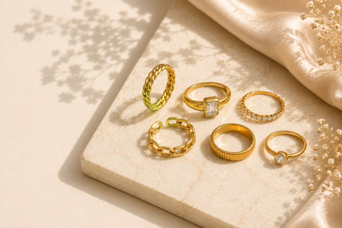 Hand wearing stacked gold rings with tips for stacking rings without looking messy