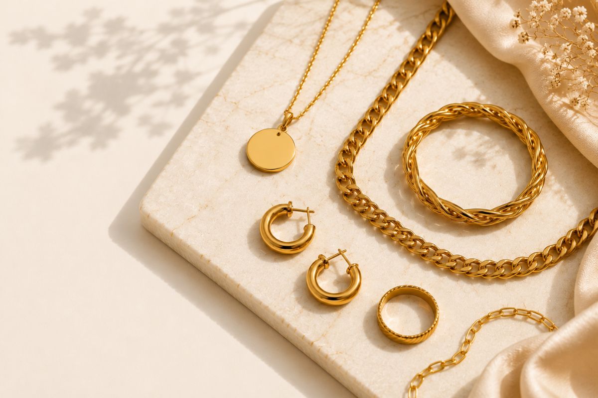 Gold-plated stainless steel jewelry care guide infographic with tips to prevent tarnish