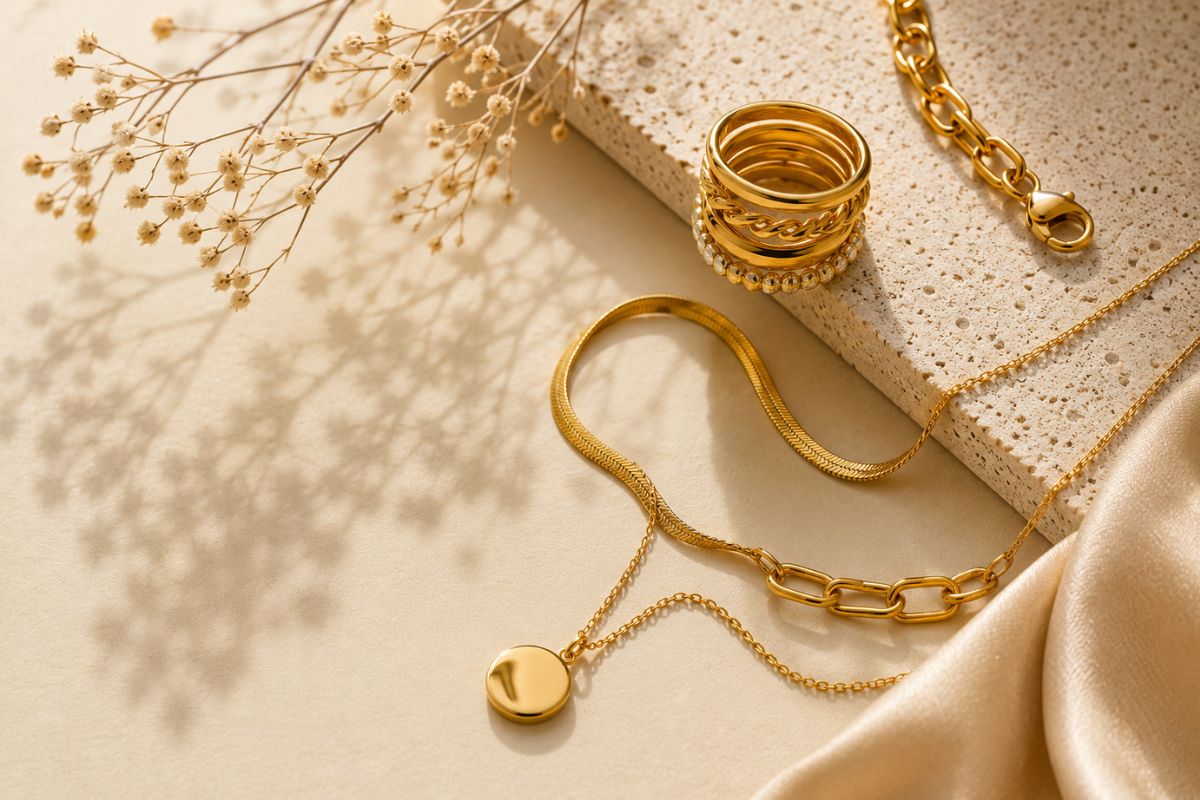 Infographic on why jewelry turns skin green and how to stop it, showing a gold necklace and prevention tips