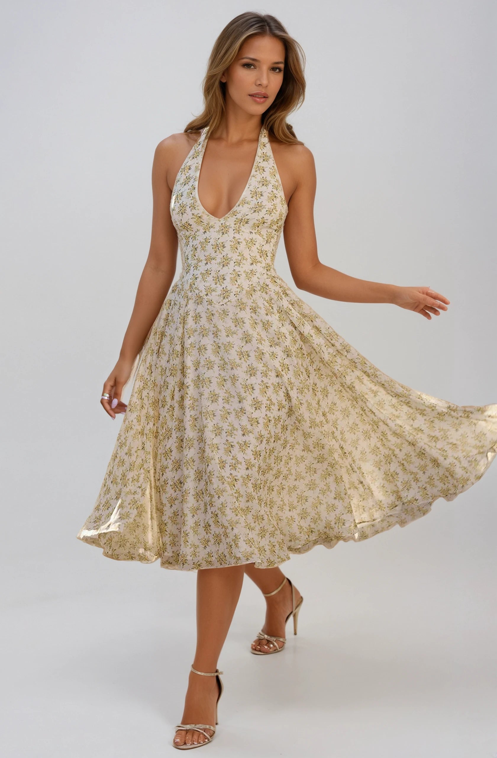 Paloma Halterneck Deep V Floral Backless Midi Dress