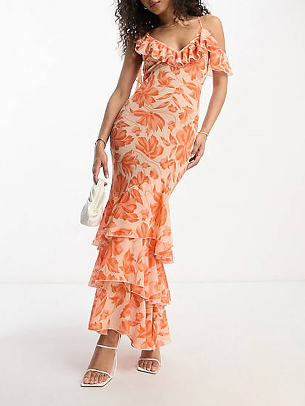 Ahnya Asymmetric Shoulder Floral Jacquard Maxi Dress