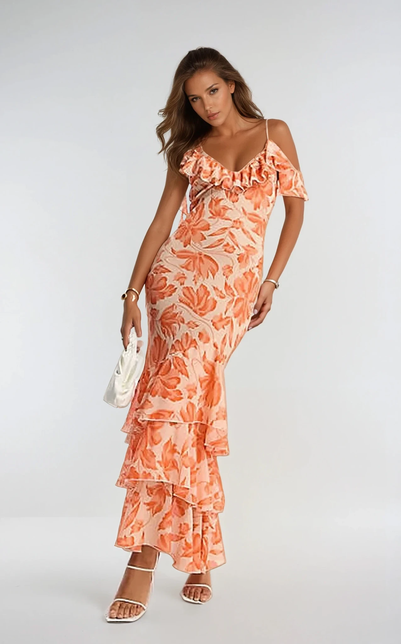 Ahnya Asymmetric Shoulder Floral Jacquard Maxi Dress