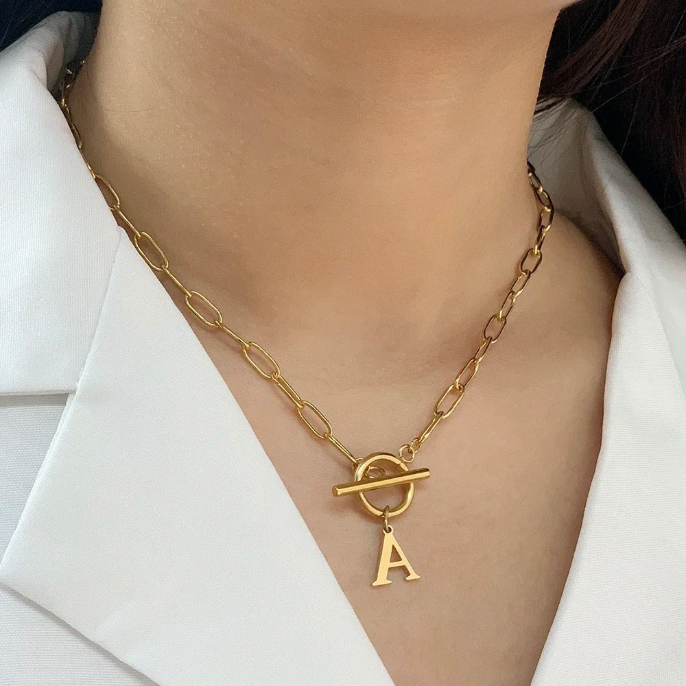 Paperclip Initial Circle Lock Clasp Necklace