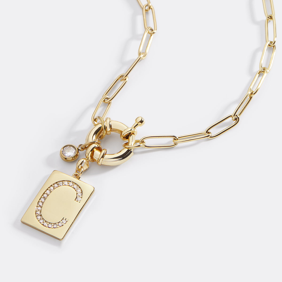 Pavé Initial Pendant Necklace with Paperclip Chain