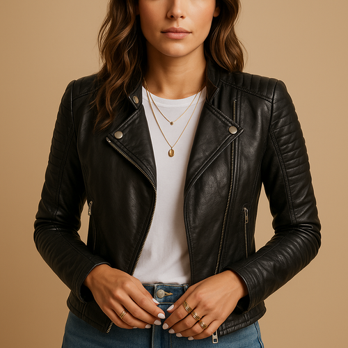 Serena Black Faux Leather Jacket with Collar | Lorienna