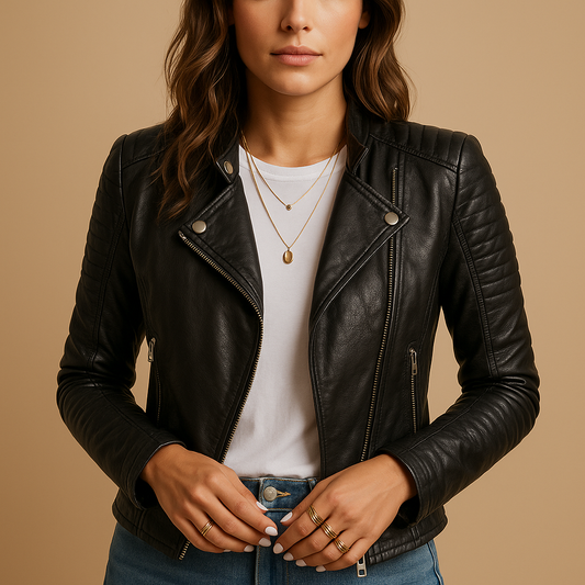 Serena Black Faux Leather Jacket with Collar | Lorienna