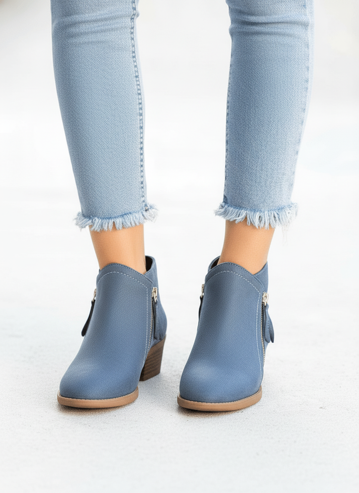 Women’s Ankle Boots – Leather Low Heel Side Zip Design