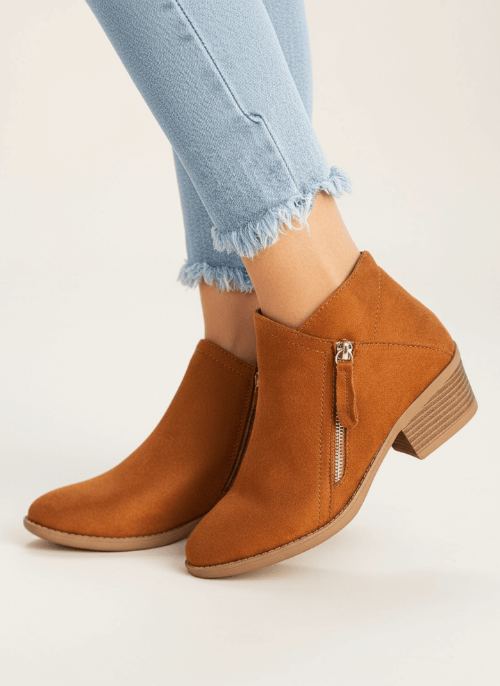 Women’s Ankle Boots – Leather Low Heel Side Zip Design