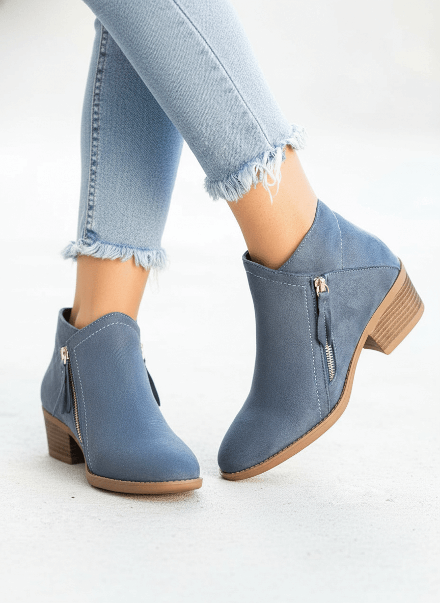 Women’s Ankle Boots – Leather Low Heel Side Zip Design