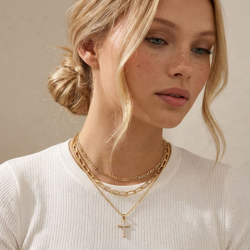 Layered Cross Necklace Set – 3 Piece
