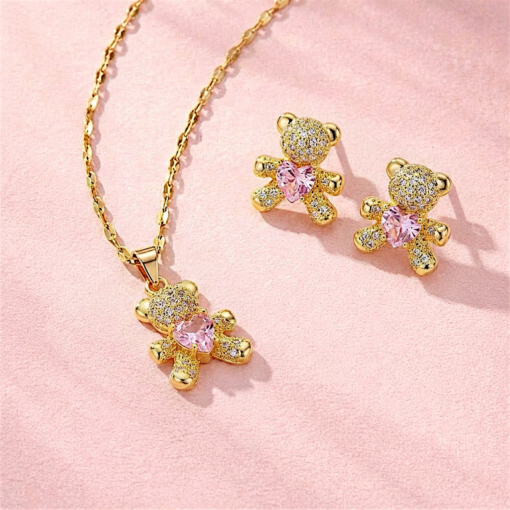 Sweetheart Bear Necklace & Stud Earrings Set