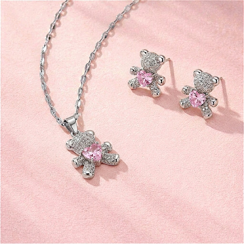 Sweetheart Bear Necklace & Stud Earrings Set