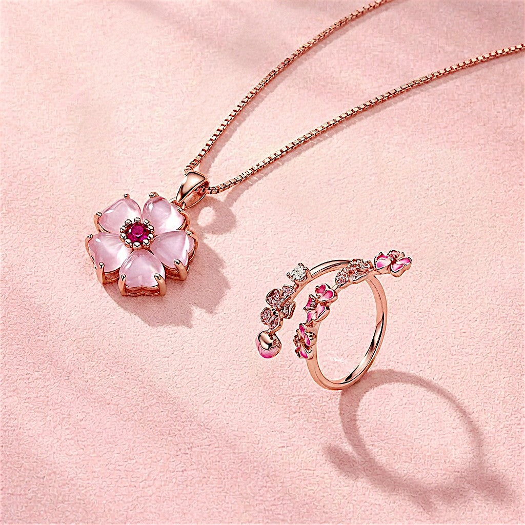 Pink Cherry Blossom Branch Open Ring & Necklace Set