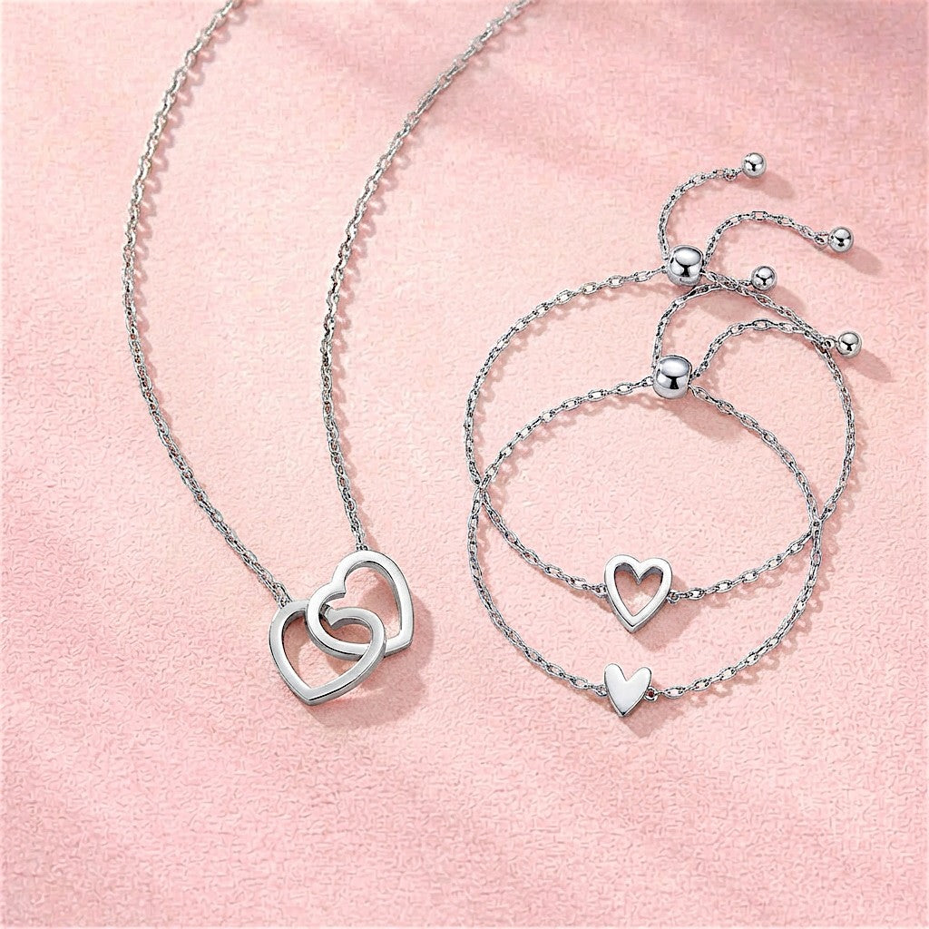 Double Heart Charm Bracelet Duo & Necklace Set