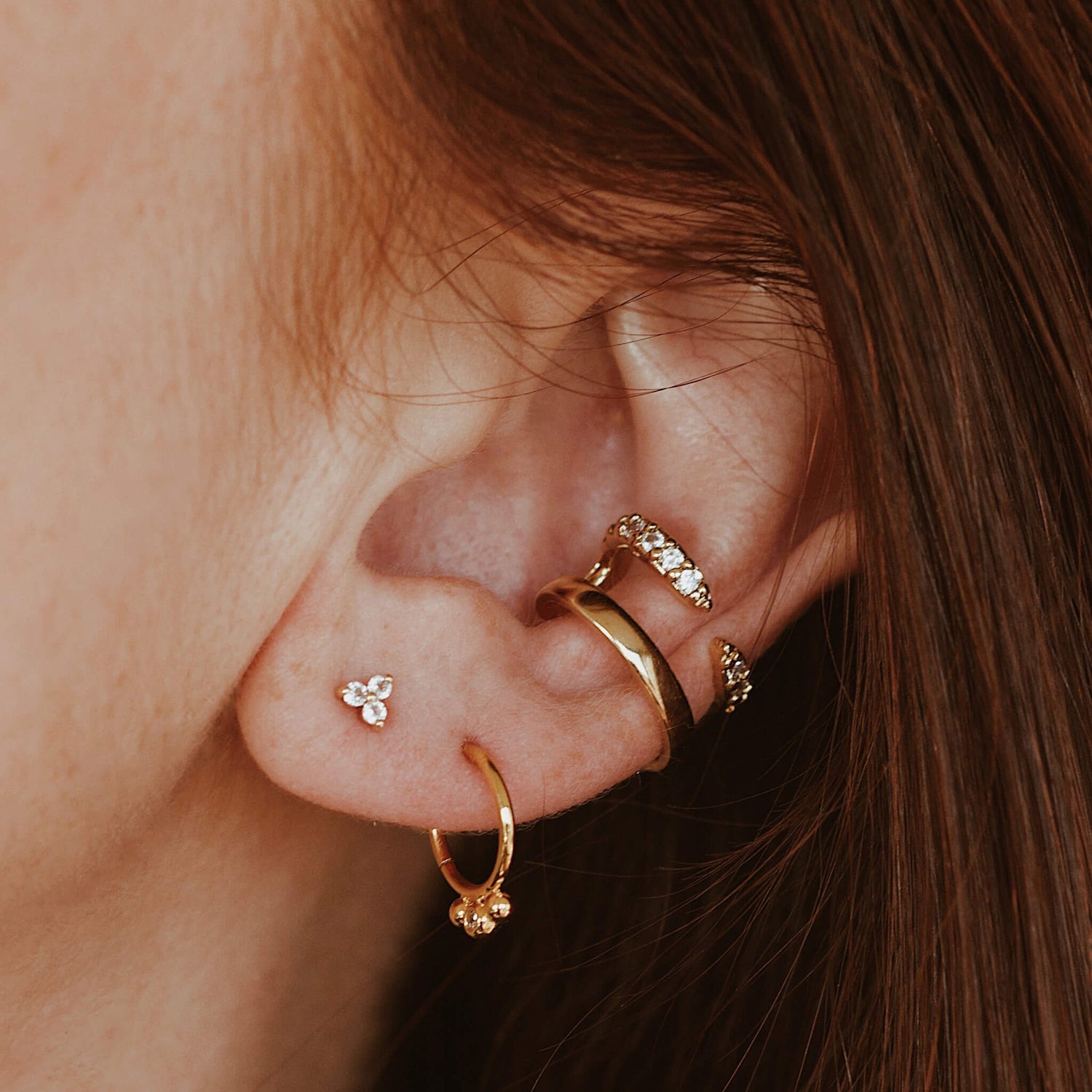 Crystal Trinity Ball Back Earrings in 14k gold plated