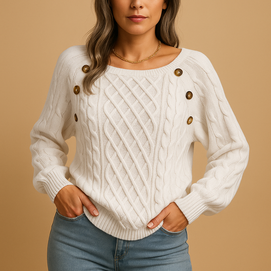 Woman wearing a white cable knit sweater with gold buttons on a beige background